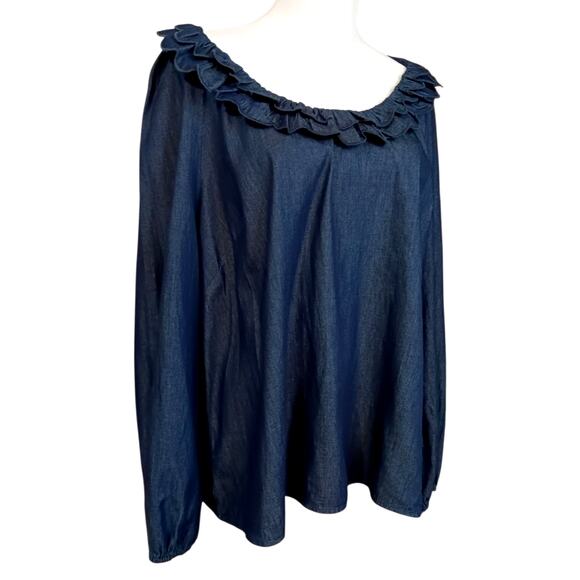 $118 NEW DRAPER JAMES Chambray Denim Peasant Top Blouse 1X Ruffle Boho Feminine - Picture 10 of 12